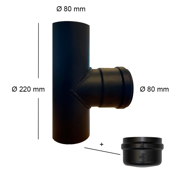 Schornsteinrohr schwarz 80 mm T-Stück mit Rußwanne